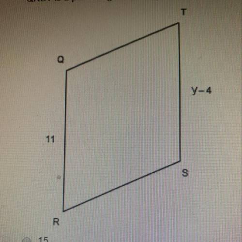 6. QRST is a parallelogram. Find y.  A. 15 B. 14 C. 13 D. 12