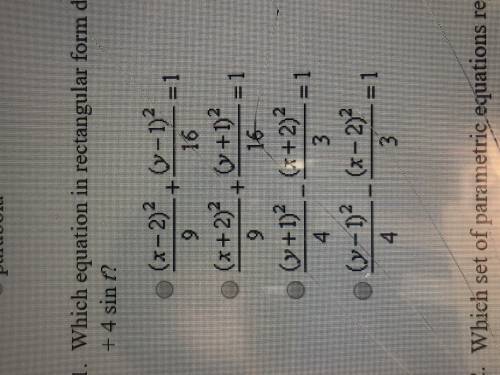 Please help!! x = 2 - 3 cos t, y = 1 + 4 sin t in rectangular form? thank you! :)