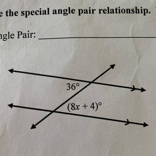 Name the special angle pair relationship. Write an equation and solve for X. Please help will mark b