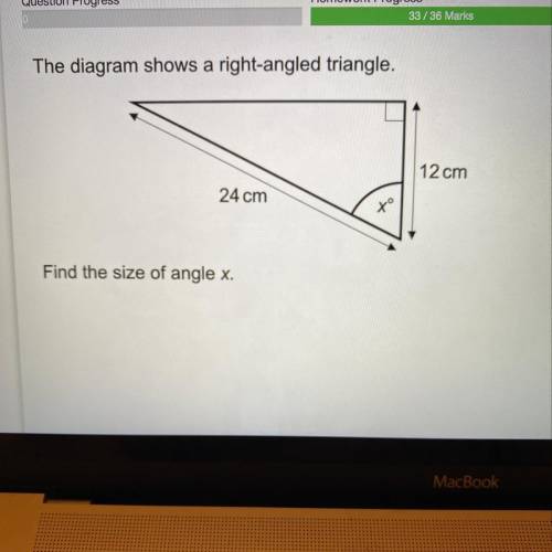 The diagram shows a right-angled triangle. 12 cm 24 cm Find the size of angle x.
