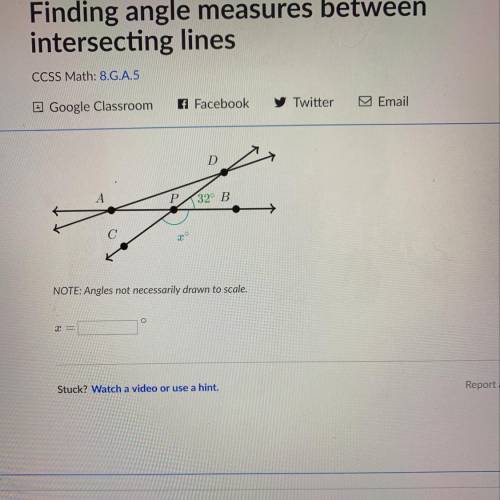Find angle measures between intersecting lines. X equals how many degrees?