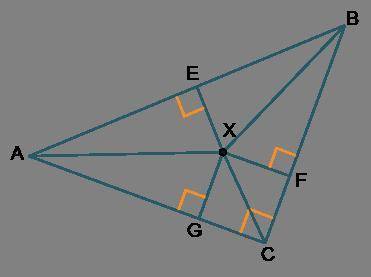 Point X is the incenter of ΔABC. Triangle A B C has point X as its incenter. Lines are drawn from th