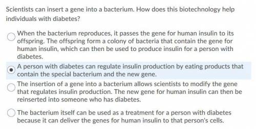 HELP! scientists can insert a gene into a bacterium. How does biotechnology help individuals with di