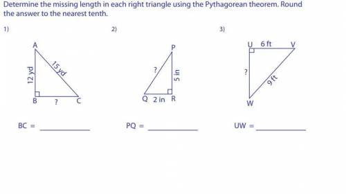 Please help with #1 and 2 for finding the missing length of the right triangle using the Pythagorean
