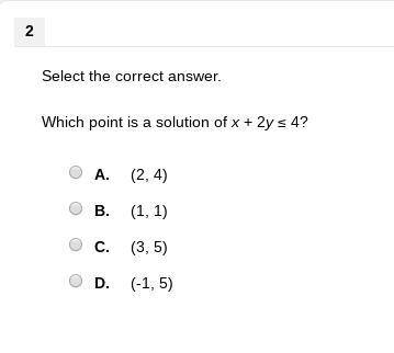 Select the correct answer. Which point is a solution of x + 2y ≤ 4? A. (2, 4) B. (1, 1) C. (3, 5) D.