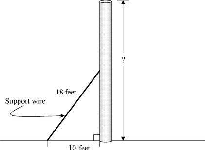 An 18-foot-long support wire is attached to a vertical pole. The wire is attached to the ground 10 f