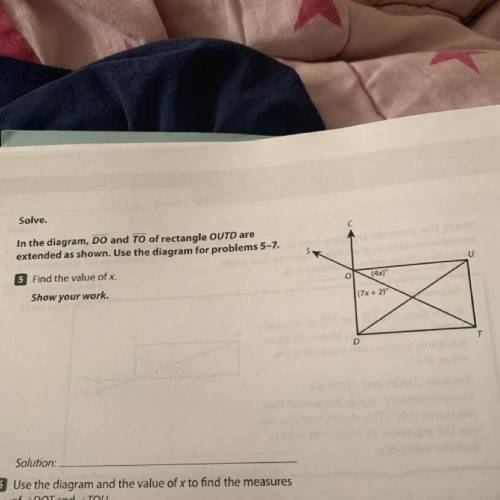 Please I need help!!  In the diagram DO and TO of rectangle OUTD are extended as shown.  Find the va
