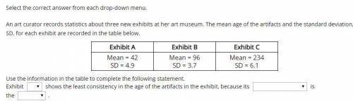 An art curator records statistics about three new exhibits at her art museum. The mean age of the ar