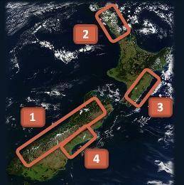 Analyze the map below and answer the question that follows. A satellite map of New Zealand. Circled