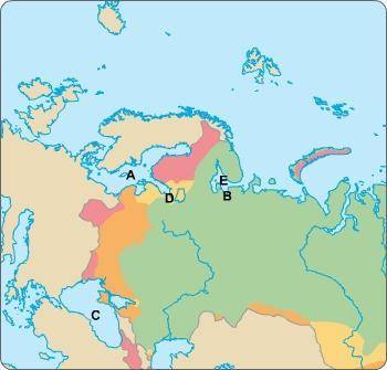 The Black Sea provided Russia access to the Mediterranean Sea. Where is the Black Sea? A B C D