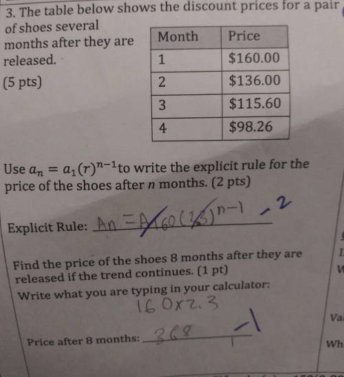 The table below shows the discount prices for a pair of shoes several months after they are released