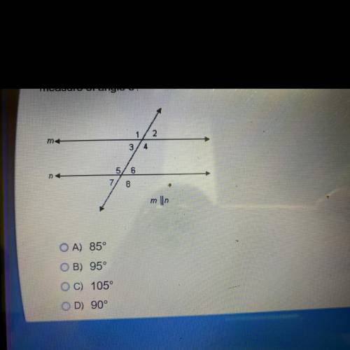 Line M is parallel to line N. The measure of the angle 4 is 95°. What is the measure of angle 5?
