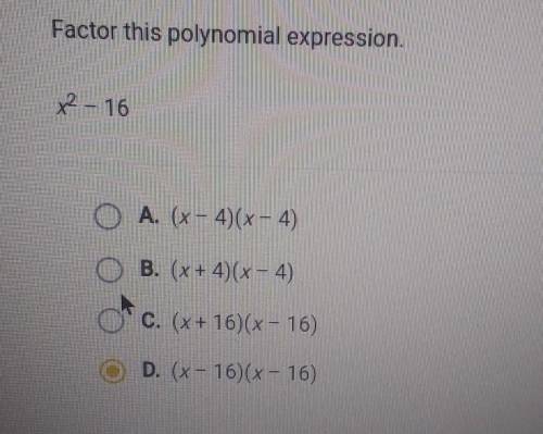 Factor this polynomial expression.x2 - 16A. (x-4)(x-4)B. (x+4)(x-4)C. (x+16)(x-16)D. (x - 16)(x - 16