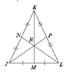 Which point is the centroid of triangle JKL? A. Point K B. Point M C. Point R D. Point J