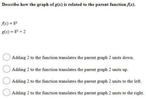 Describe how the graph of g(x) is related to the parent function f(x). f(x) = 8x g(x) = 8x + 2