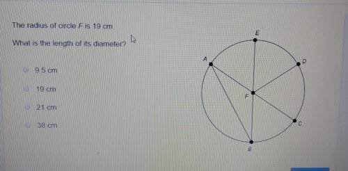 The radius of circle f is 19m what is the length of it's diameter