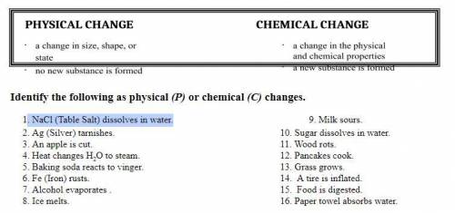 SCIENCE QUESTIONS about chemical and physical changes (image linked with a question) I need 1-16