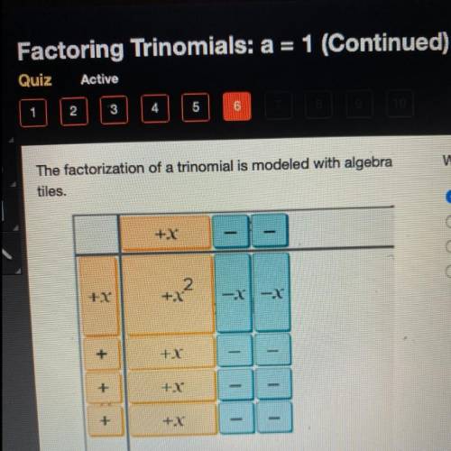 The factorization of a trinomial is modeled with algebra tiles. which trinomial is factored? a) x^2+