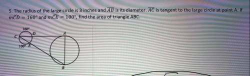 The radius of the large circle is 3 inches and AB is its diameter. AC is tangent to the large circle