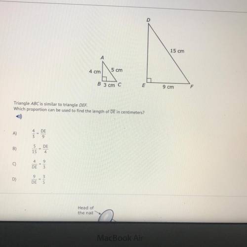 Triangle ABC is similar to triangle DE Which proportion can be used to find the length of 4 DE