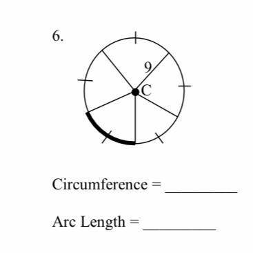 Find the circumference and length of the darkened part of the arc. Leave answer in terms of pi