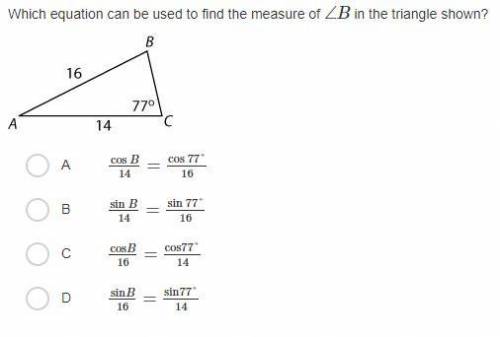 Which equation can be used to find the measure of ∠B in the triangle shown?