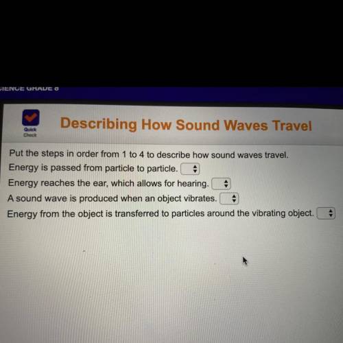 Put the steps in order from 1 to 4 to describe how sound waves travel