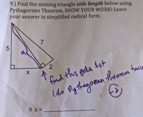 Helppp! find the missing triangle side length below using pythagorean theorem. leave answer in simpl