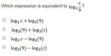 Which expression is equivalent to log Subscript 3 Baseline StartFraction c Over 9 EndFraction?