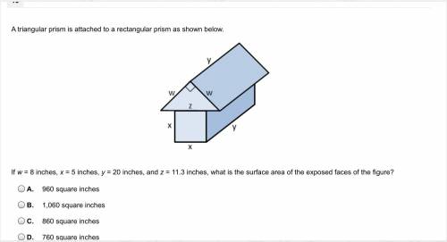 If w = 8 inches, x = 5 inches, y = 20 inches, and z = 11.3 inches, what is the surface area of the e