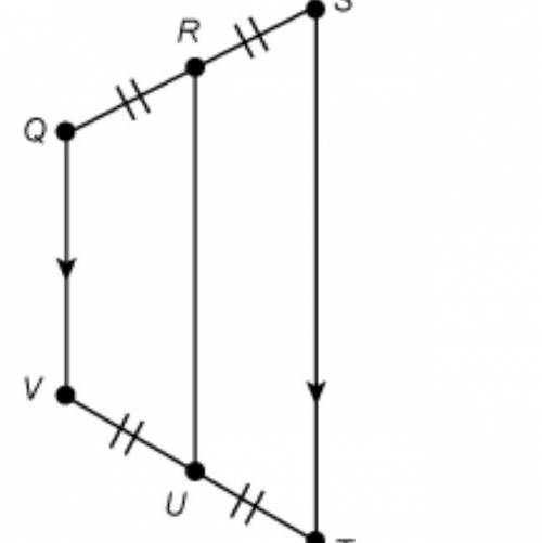 QSTV is a trapezoid where R is the midpoint of segment QS and U is the midpoint of segment VT. If QV