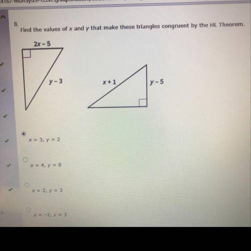 PLEASE HELP IM FAILING  find the values of x and y that make these triangles congruent by the hl the
