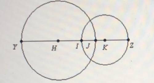 Circle H has a radius of 20 units, and circle k has a radius of 16 units. If JI = 1, find JK