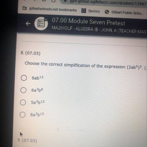 Choose the correct simplification of the expression (2ab^5)^3
