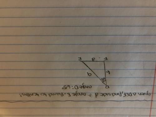 Given triangle DEF find side d and angle E. Round to tenths! angle D is 65 degrees. side DF is 6 and