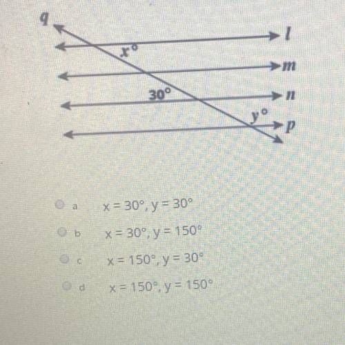 In the figure shown, line q is a transversal of parallel lines I, m, n and p. What are the values of