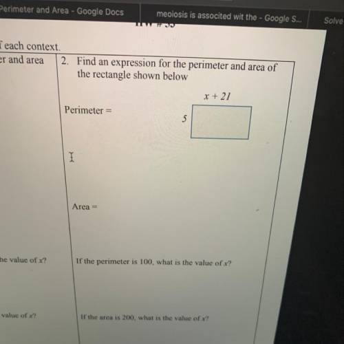 The perimeter of this rectangle and area, and if the area was 100 what would the value of x be, also