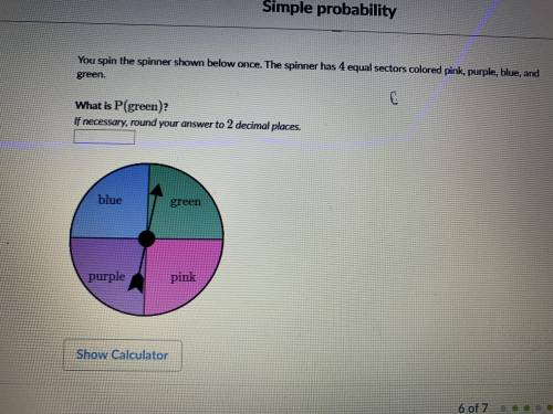 You spin the spinner shown below once. The spinner has 4 equal sectors colored pink, purple, blue, a
