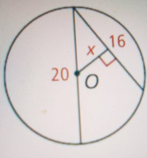 Find the value of x. The dot represents the center of the circle, 20 represents the length of the di
