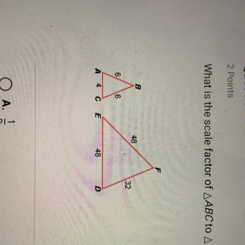 What is the scale factor of triangle ABC to triangle DEF? A. 1/8 B. 1/6 C. 8 D. 6