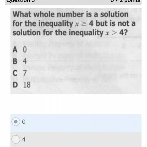 What whole number is a solution for the inequality x_> 4 but is not a solution for the inequality