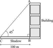 The length of the shadow of a building is 100 meters, as shown below: What is the height of the buil