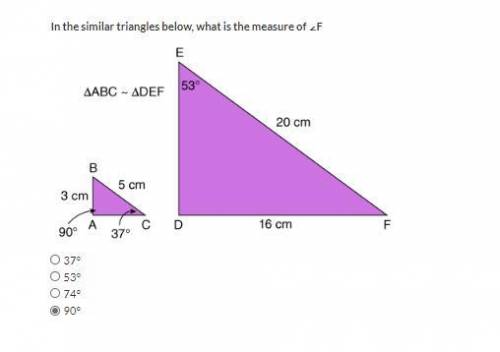 In the similar triangles below, what is the measure of ∠B 37° 53° 74° 90°