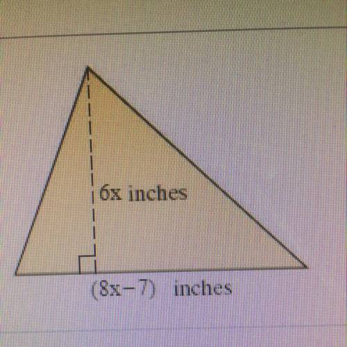 I need too find the area of a triangle with variable sides. Base of (8x-7)inches, height of (6x) inc