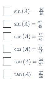 If triangle ABC is a right triangle AB is 27, BC is 36, and AC is 45, which of the following can be