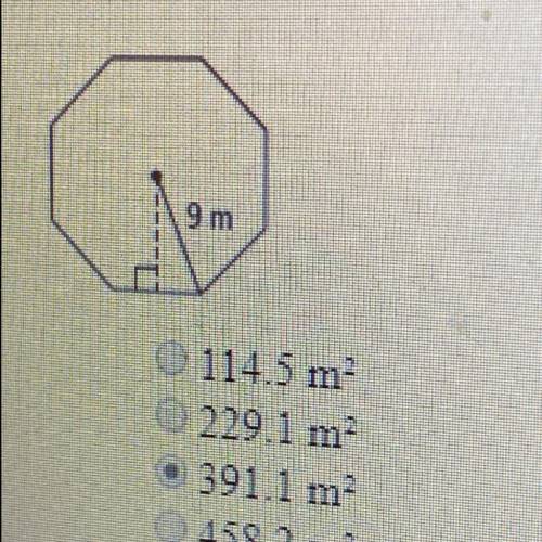 What is the area of the regular octagon below?  A)114.5 m^2 B)229.1 m^2 C)391.1 m^2 D)458.2 m^2