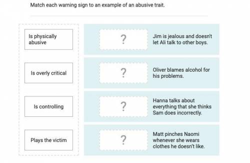 Match each warning sign to an example of an abusive trait. A. Jim Is jealous and doesn't let Ali tal
