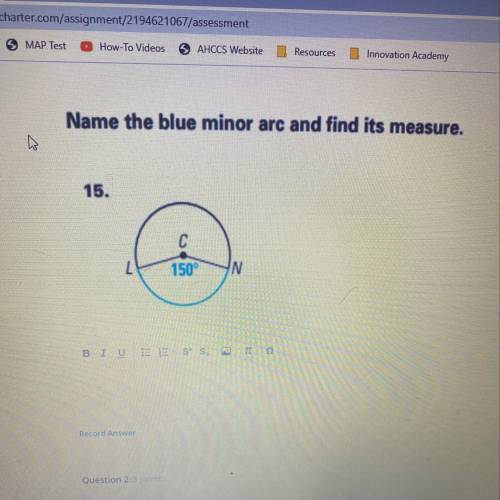 Name the blue minor arc and find its measure