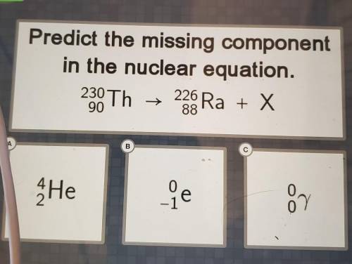 Predict the missing componentin the nuclear equation.230^90Th --> 226^88Ra + X