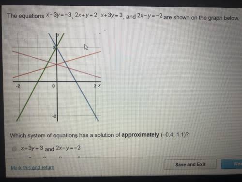 Which system of equations has a solution of approximately (-0.4,1.1) A. x+3y=3 and 2x-y=-2 B. x-3y=-